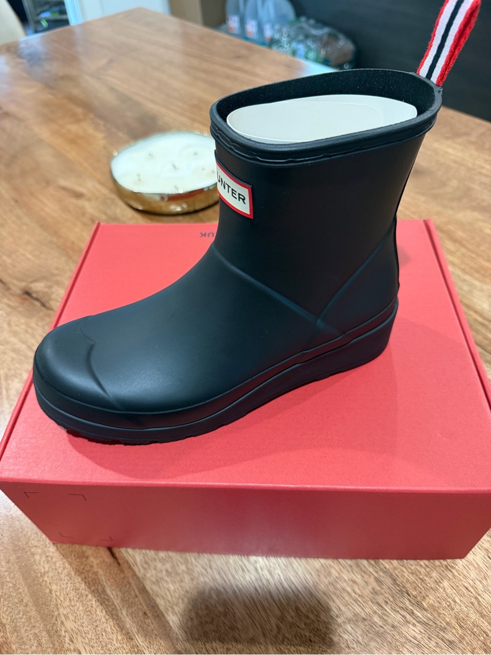 Hunter Kids Black Short Rain Boot with Red Trim Pull Tab